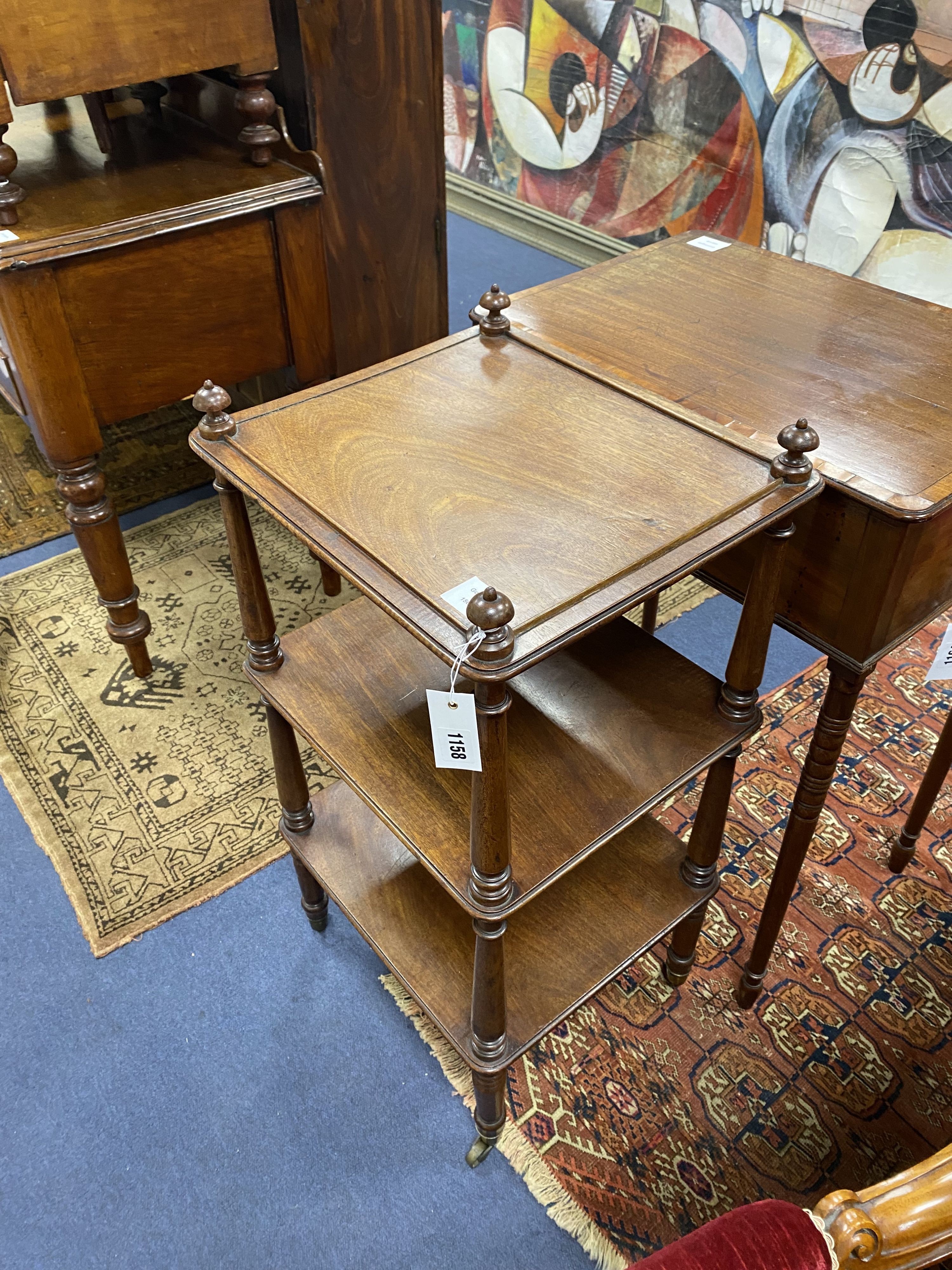 A 19th century mahogany three tier whatnot, width 39cm, depth 35cm, height 79cm